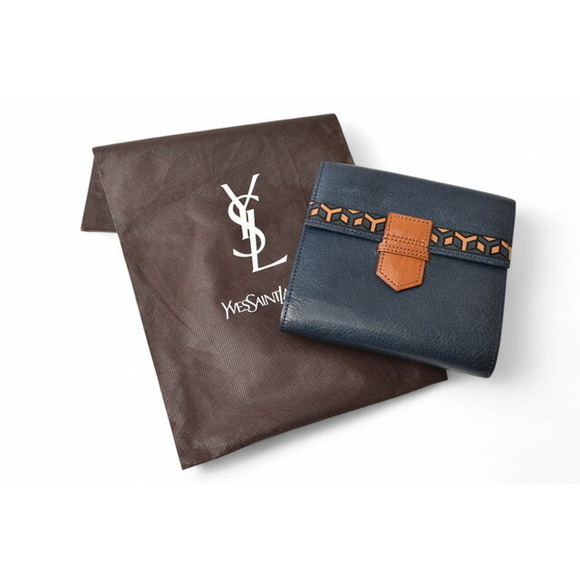 Yves Saint Laurent Tri Fold Wallet Leather YSL Navy Blue Brown - Picture 12 of 12